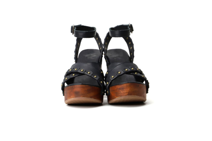 Kompanero Annabelle Black leather studded heel sandal shoe front