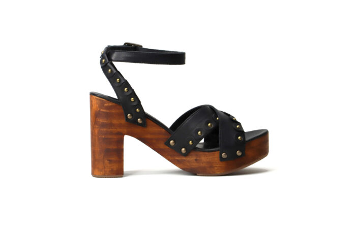 Kompanero Annabelle Black leather studded heel sandal shoe side