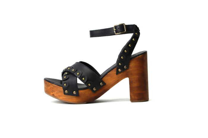 Kompanero Annabelle Black leather studded heel sandal shoe