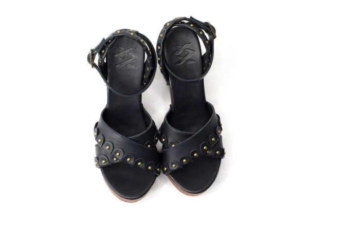 Kompanero Annabelle Black leather studded heel sandal shoe top