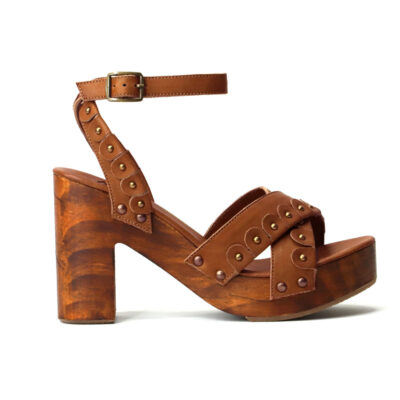 Kompanero Annabelle Cognac leather studded heel sandal shoe